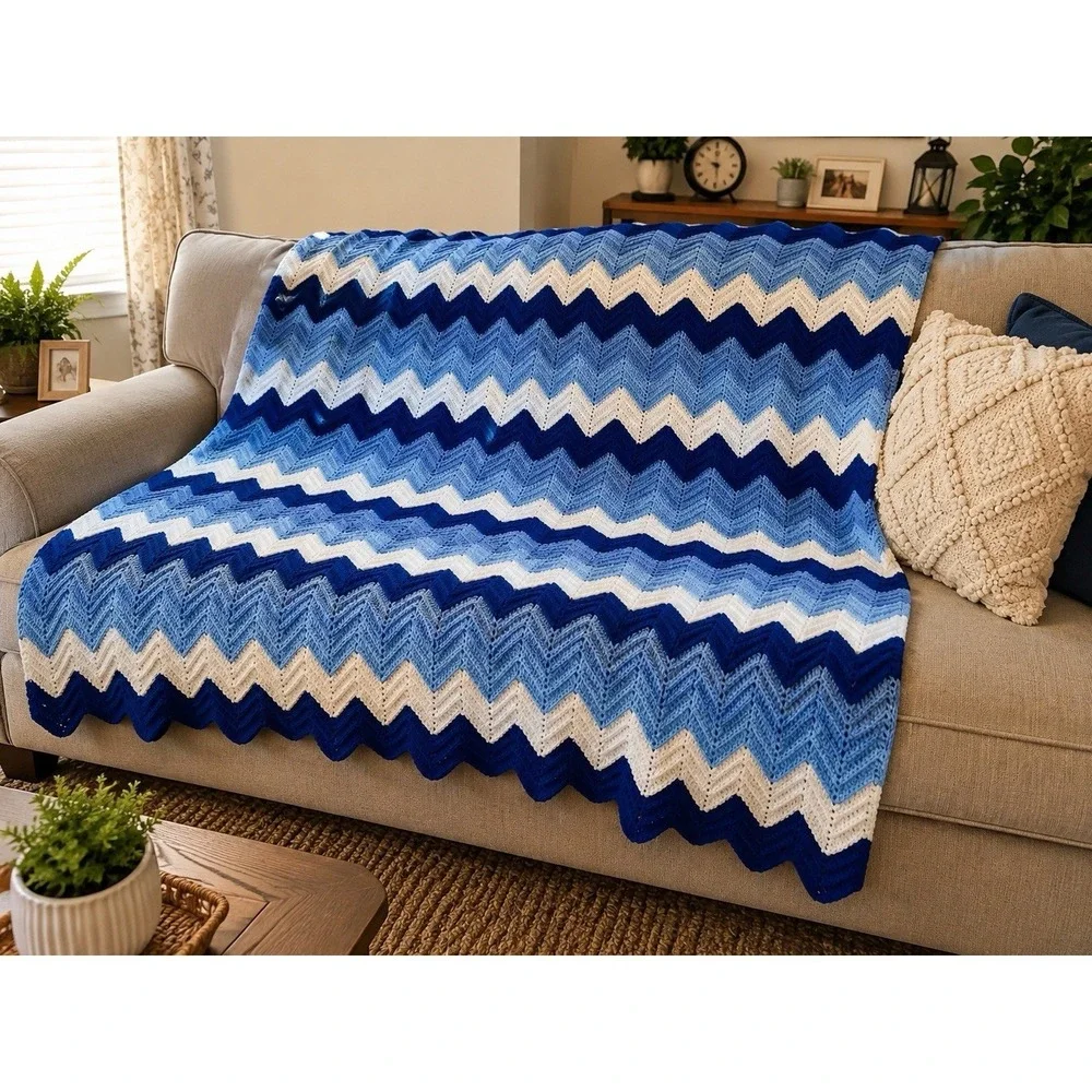 Handmade Blanket Afghan Throw Blue White Chevron Wave Ripple Cottage Costal
